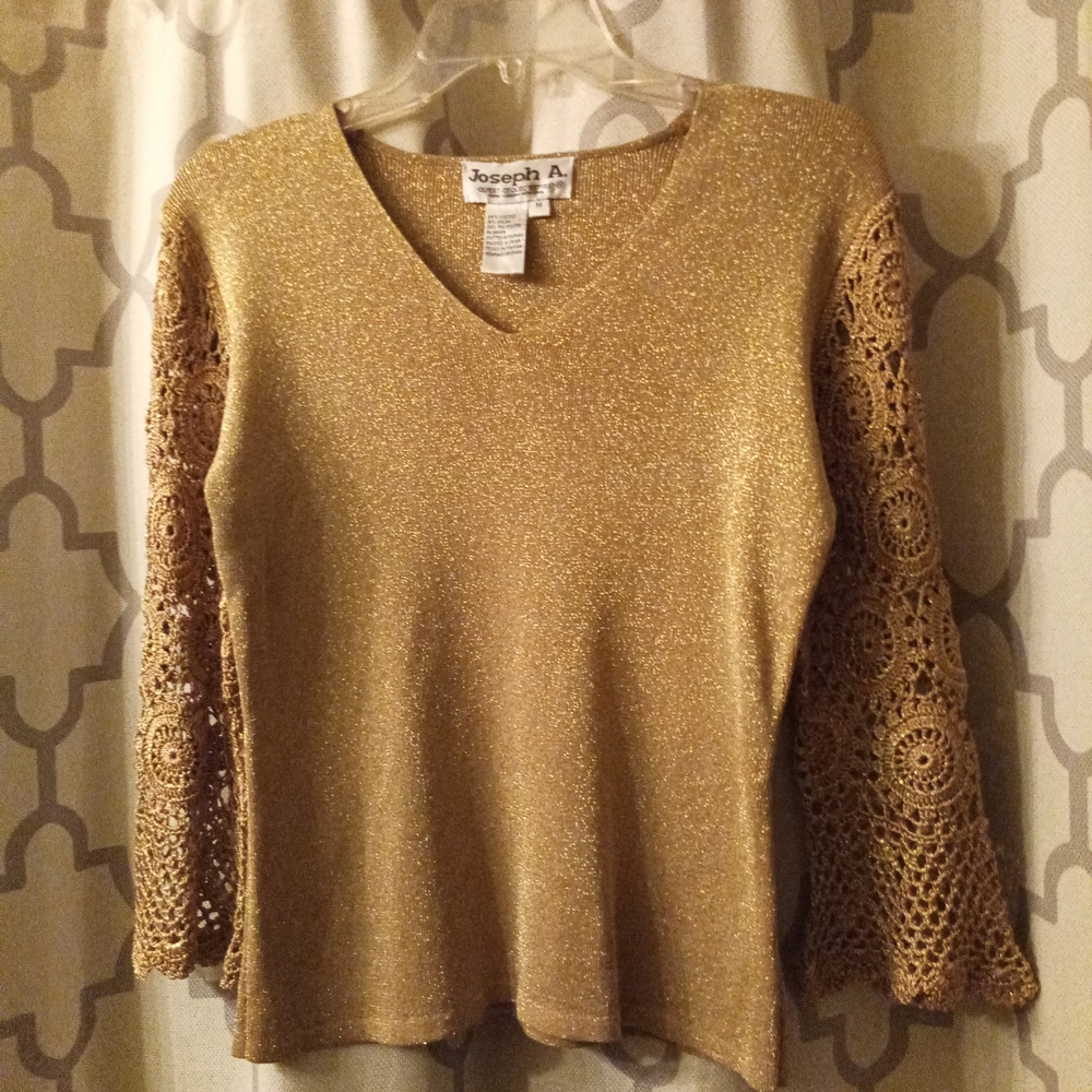 Joseph Gold Knit Blouse with Crochet Sleeves